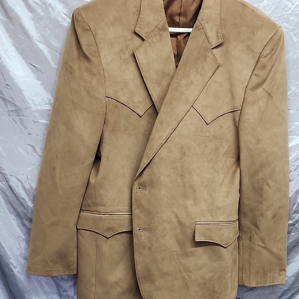 Circle S Dallas Texas Faux Suede Jacket Tan Two Button Mens 46R - Picture 8 of 11